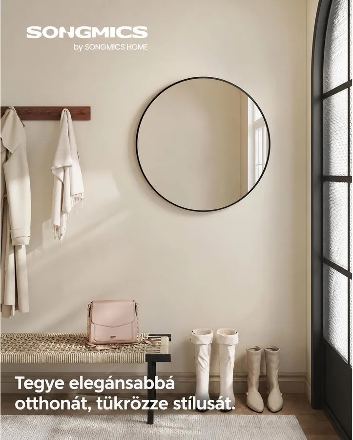 Modern fali tükör, kerek tükör, 61 cm átmérő, fekete