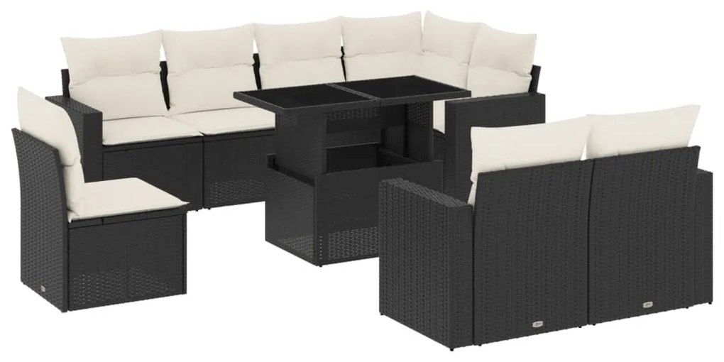 9 részes fekete polyrattan kerti ülőgarnitúra párnákkal