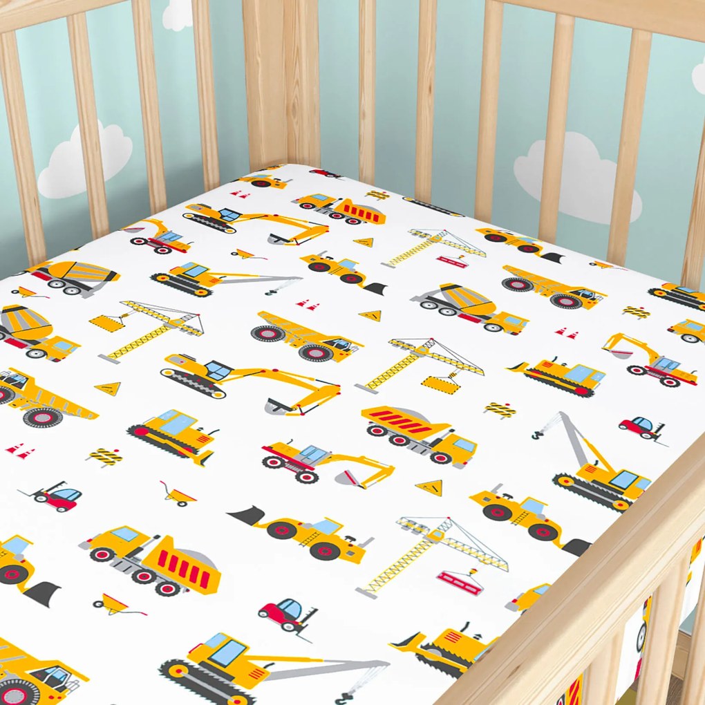 Goldea gyerek körgumis pamut lepedő kiságyba - teherautók és kotrógépek 60 x 120 cm