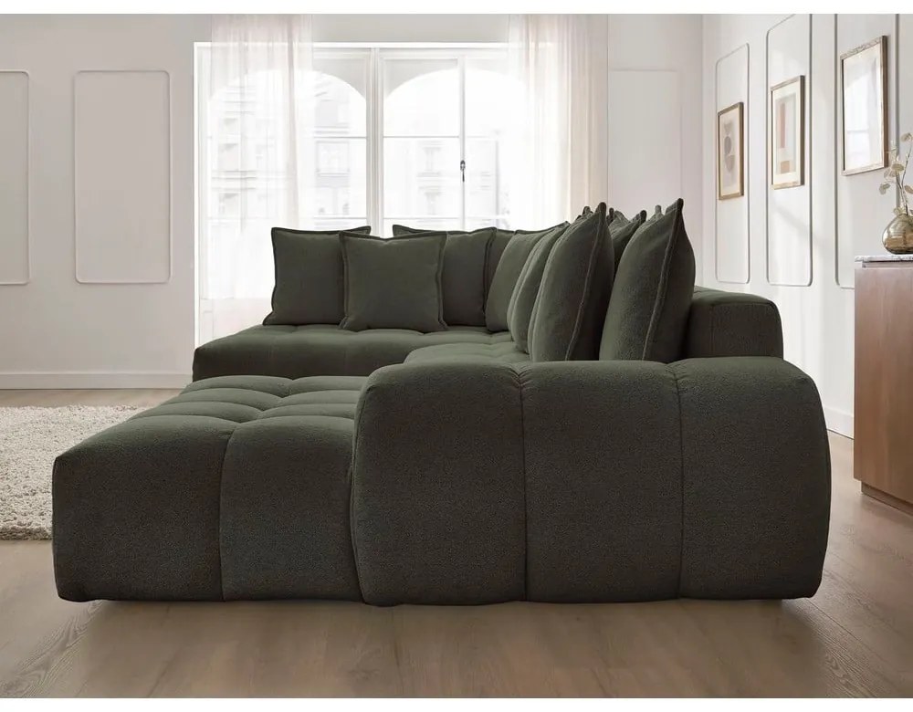 Zöld zsenília kinyitható-tárolóhelyes sarokkanapé (bal oldali-U alakú) Everest – Bobochic Paris