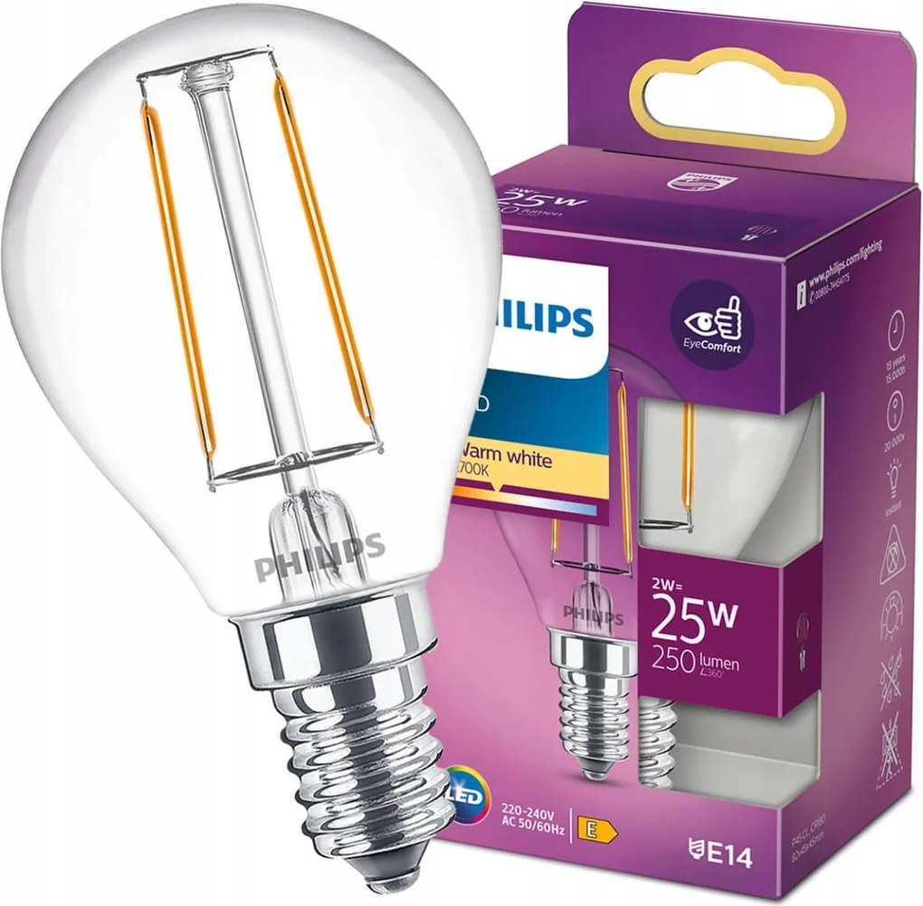 Led izzó E14 P45 Kis Golyó 2W 25W 250lm 2700K Meleg Filament Philips