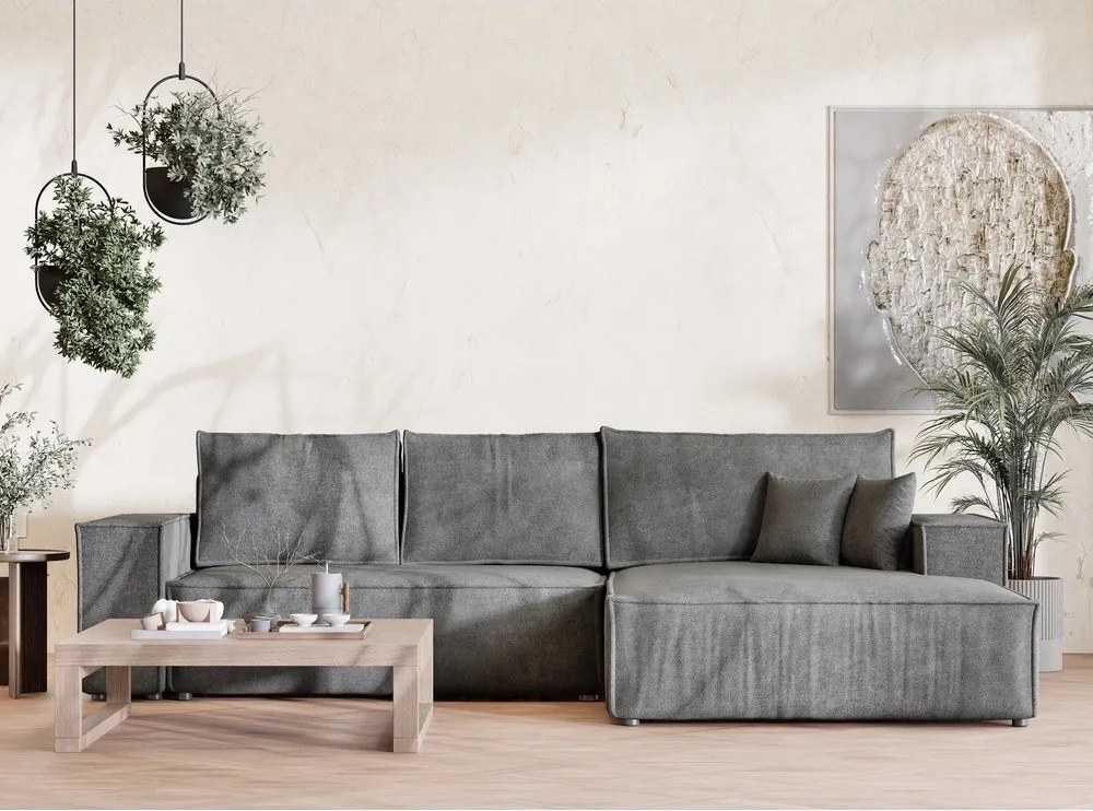 Szürke zsenília kinyitható-tárolóhelyes sarokkanapé (jobb oldali-heverő résszel) Maze – Maison de Rêve
