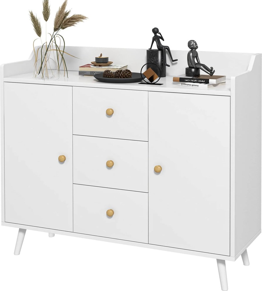 HOMCOM Modern Nappali Tálca Konyhai Tálca 2 Ajtóval, 3 Fiókkal és Fenyőfa Lábakkal Étkezőbe, Előszobába vagy Hálószobába 90x32x80 cm Fehér | Aosom