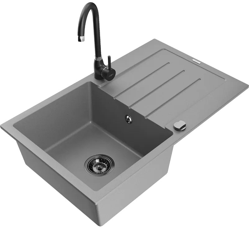 Mexen Bruno, 1 kamrás gránit mosogató lefolyóval 795x495x200 mm fekete Telma konyhai csapteleppel, szürke, 6513-71-670200-70-B
