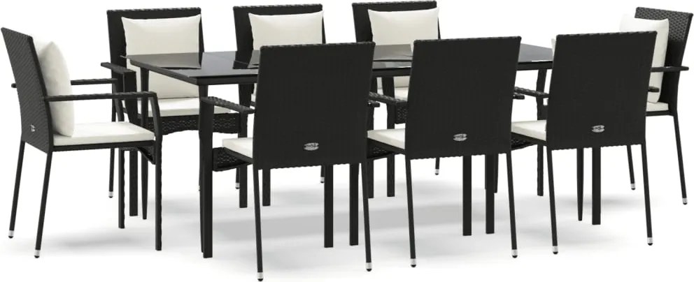 vidaXL 9 részes fekete polyrattan kerti étkezőgarnitúra párnákkal