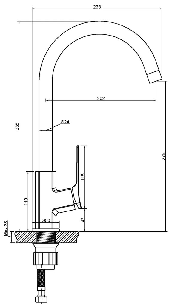 Invena Neri, magas mosogató csaptelep h-385, réz matt, INV-BZ-P1-014-L