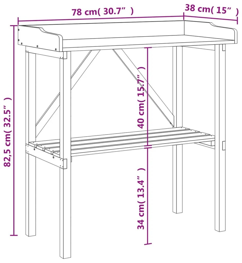 szürke tömör fenyőfa növénytartó asztal polccal 78x38x82,5 cm