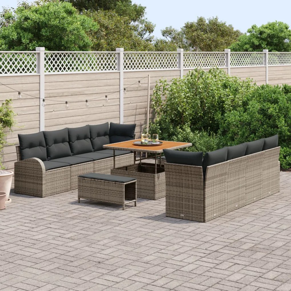 11 darabos Kerti Sofa Szett Párnákkal Szürke Poli Rattan Akácia, 2 személyes Kerti Sofa Tárolóval és Párnákkal Szürke Poli Rattan, 3 darabos Kerti Étkező Szett Párnákkal Szürke Poli Rattan Akácia