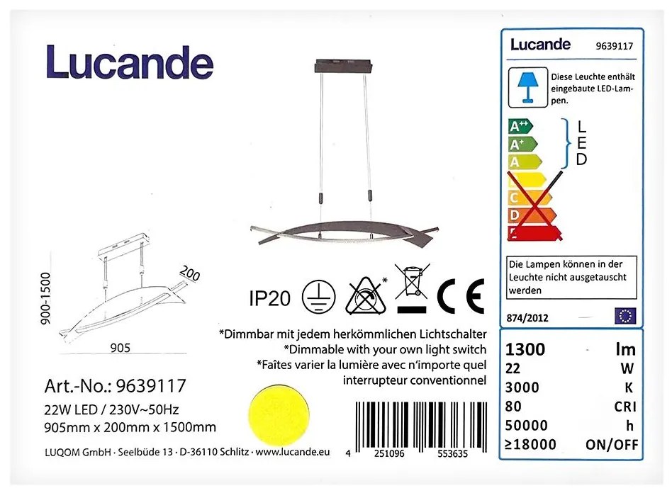 Lucande - LED Dimmelhető csillár zsinóron MARIJA LED/22W/230V