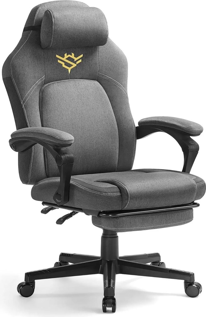 Ergonomikus gamer szék lábtartóval, állítható, galambszürke párnával