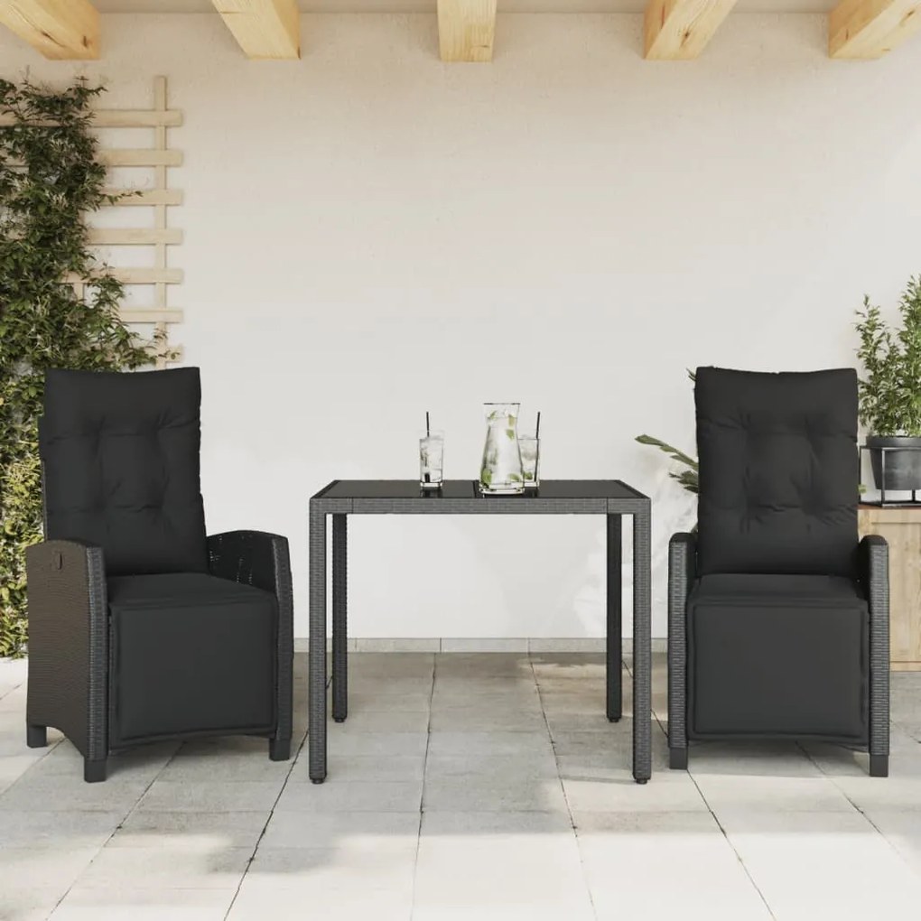 3 részes fekete polyrattan kerti étkezőgarnitúra párnákkal