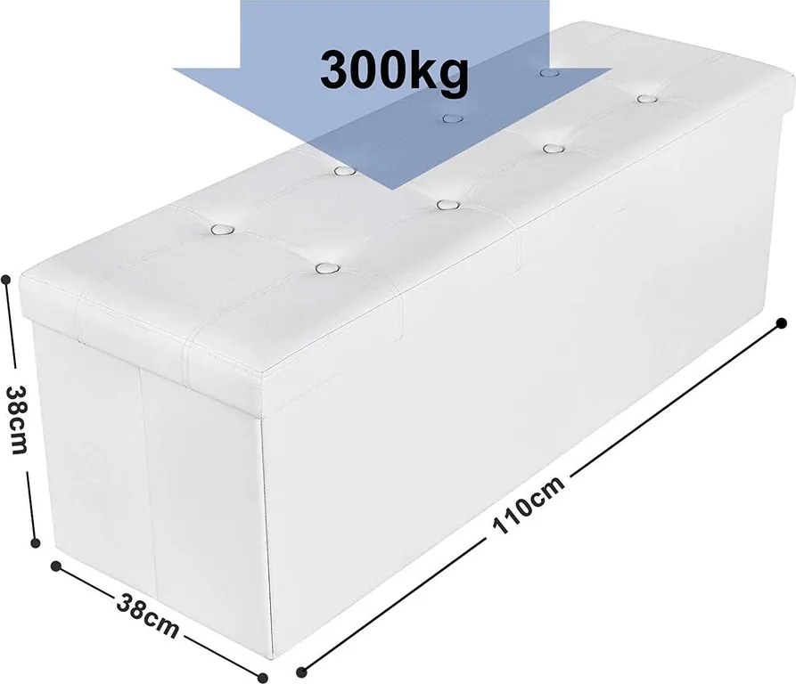Puff 38 x 110 x 38 cm, műbőr összecsukható tároló ottomán pad, fehér