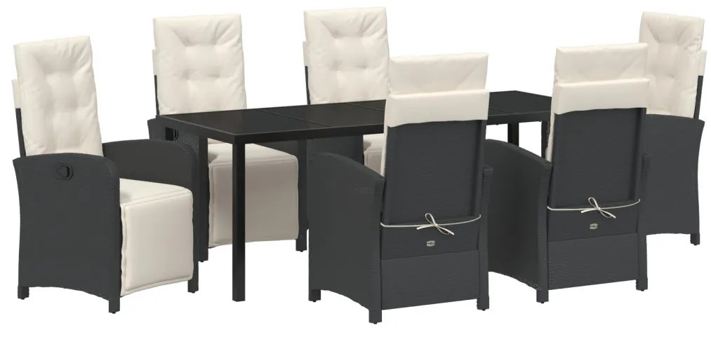 7 Darabos Kerti Étkező Szett Párnákkal, Fekete Poli Rattan, Kerti Asztal Fekete 200x80x73 cm Edzett Üvegből