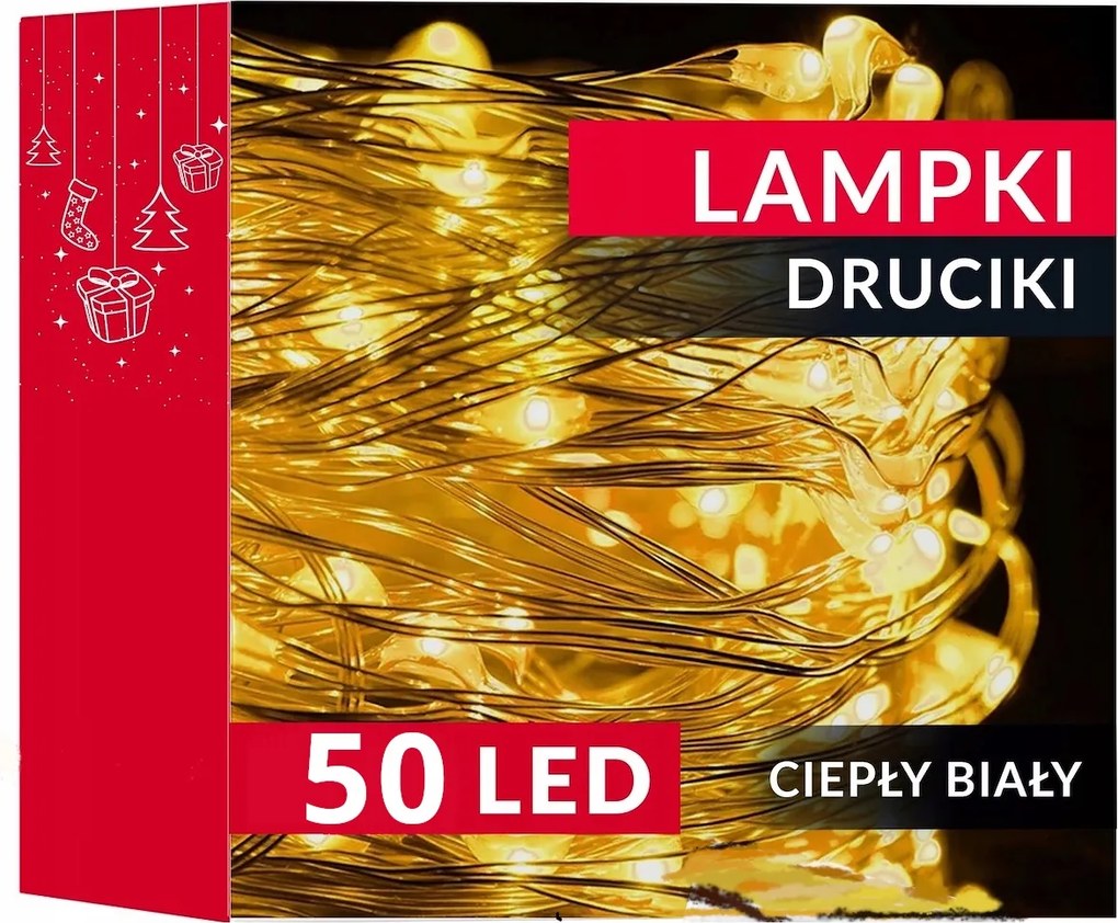 Karácsonyfa Fényfüzér Drót 50 Led Elemes Fehér Meleg Karácsonyi Fényfüzér