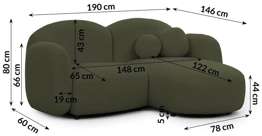 Zöld buklé sarokkanapé (jobb oldali-heverő résszel) Orbit – Ropez