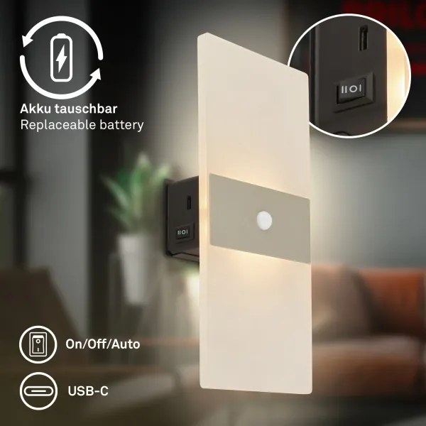 Briloner 3888012 - AURA tölthető fali LED-lámpa érzékelővel LED/2,5W/5V 1800 mAh matt