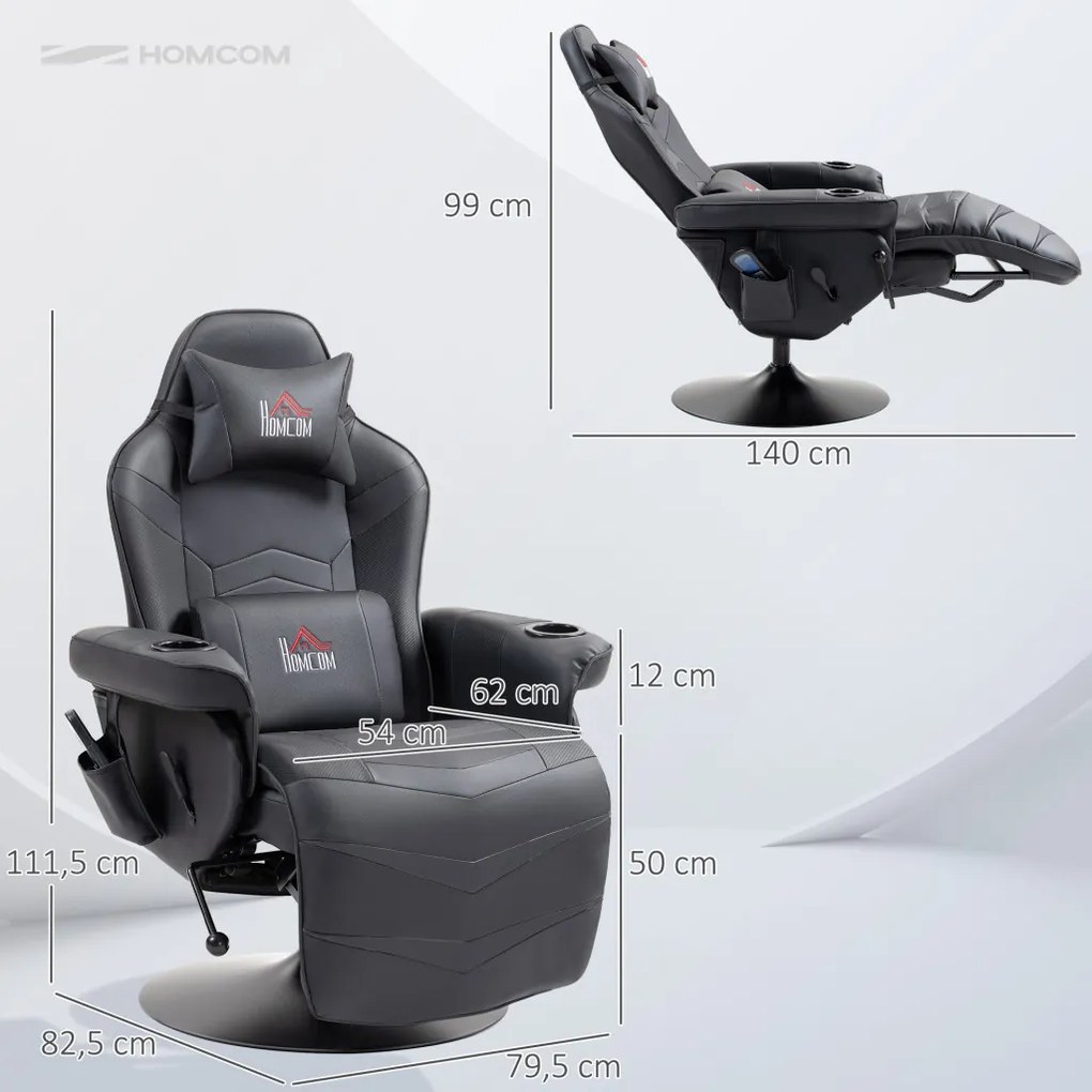 HOMCOM Prémium Gamer Szék, masszázs funkció, dönthető háttámla, lábtartó, acél keret, műbőr, fekete