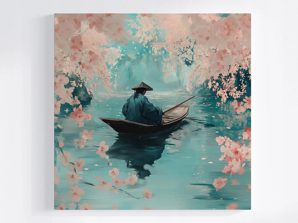 Vászonkép Canvas Ázsia Japán Cseresznye Virágok Csónak Víz Tükröződés 40x40