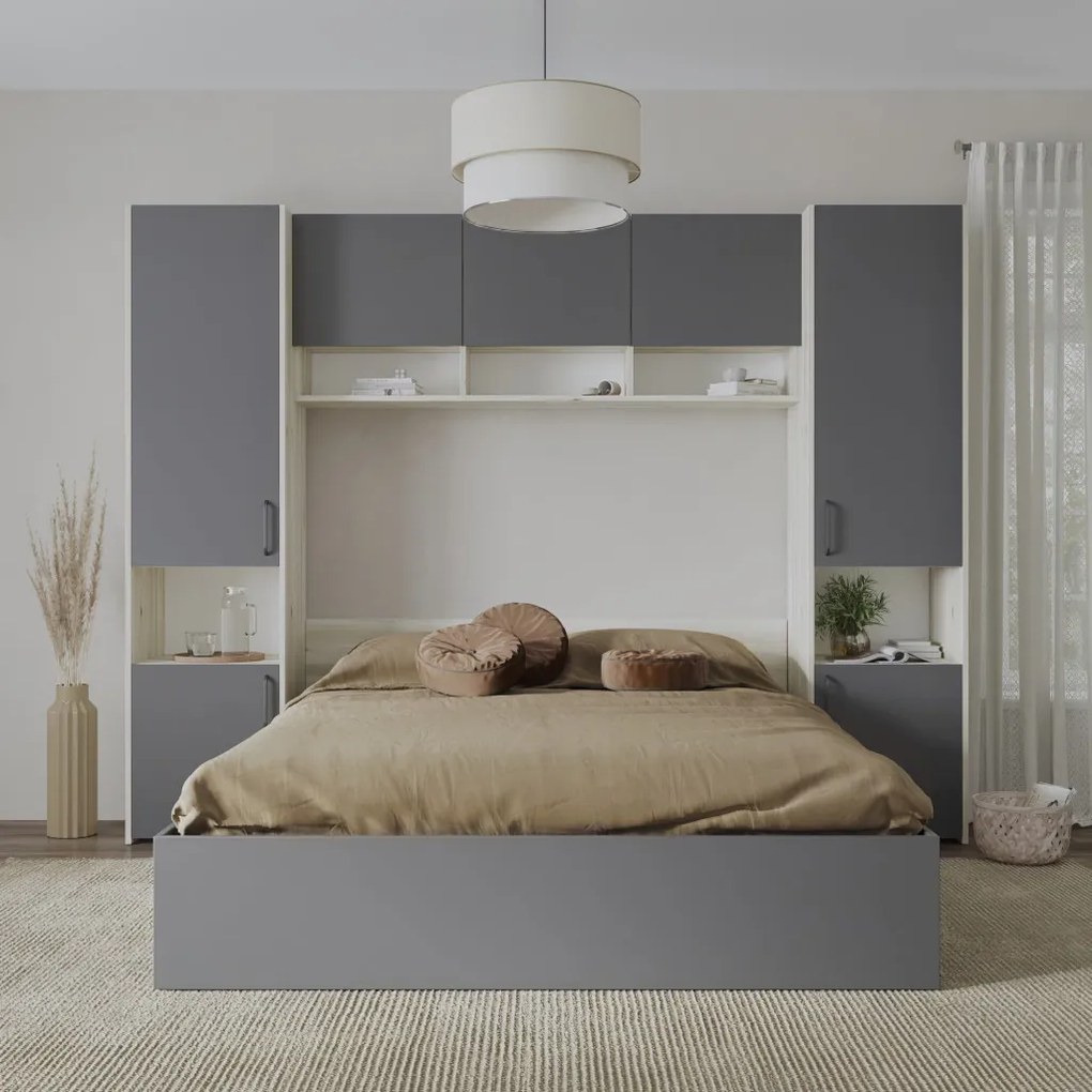 Malmo V11 hálószoba szett 160 x 200 cm-es ággyal, Fehér tölgy / Antracit