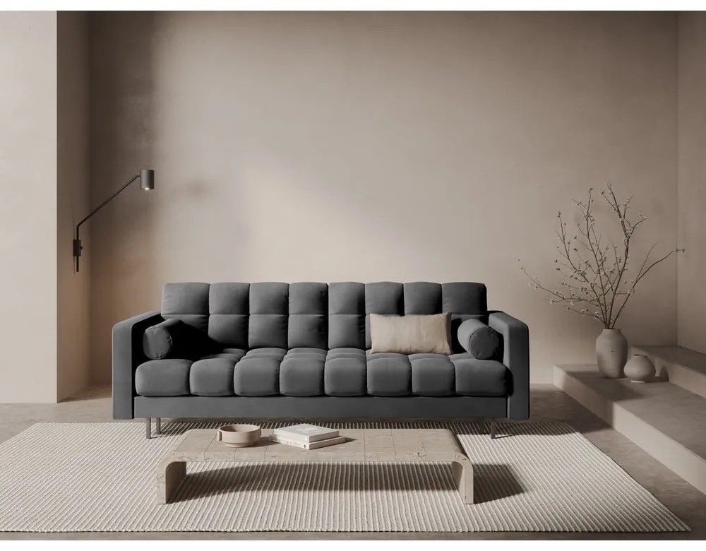 Sötétszürke bársony kinyitható tárolóhelyes kanapé 222 cm Bali – Cosmopolitan Design