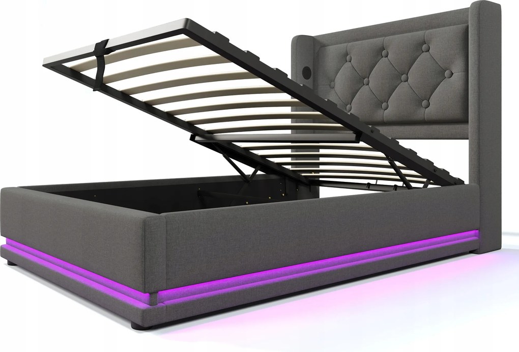 kárpitozott ágy Egyszemélyes ágy 90x200cm Led szürke pamut hidraulikus