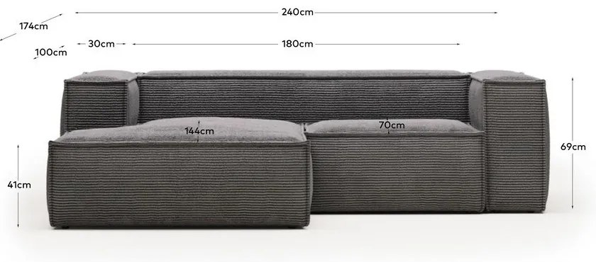 Szürke kordbársony sarokkanapé (jobb oldali) Blok – Kave Home