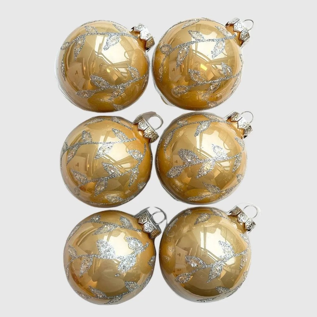 Leaf silver pezsgőszínű kézzel festett üveg karácsonyi gömb szett 6*7cm