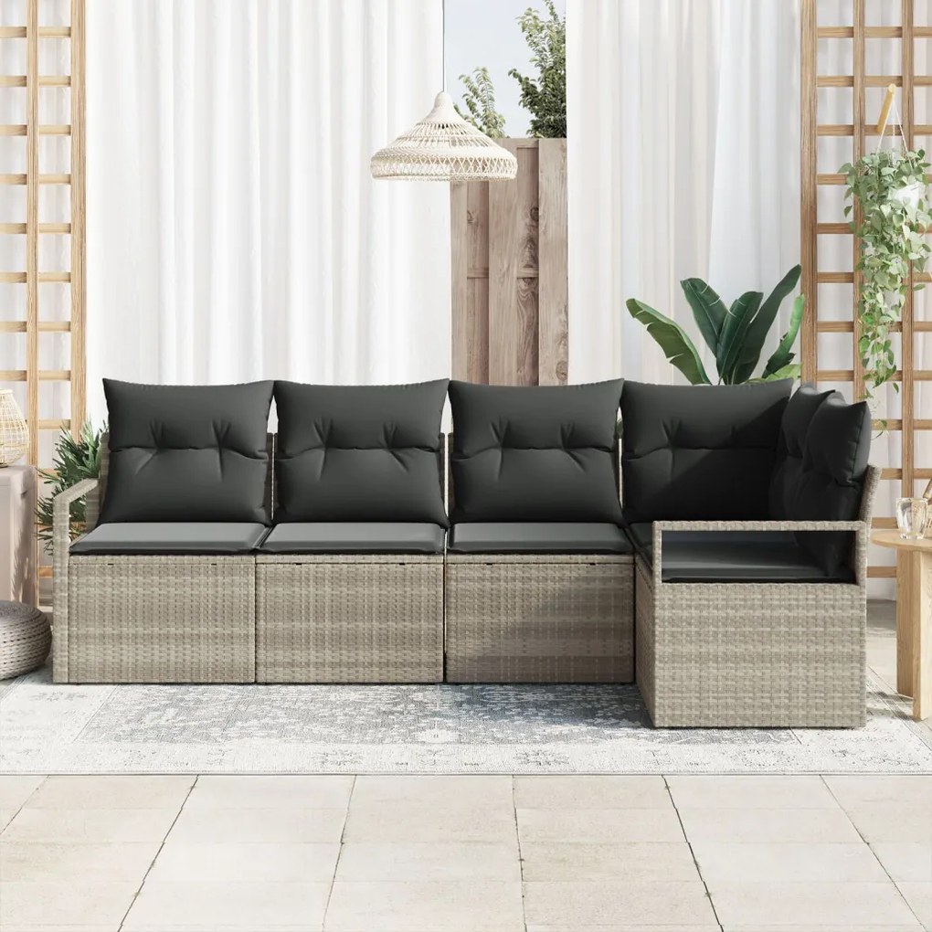 5 darabos Kertibútor szett párnákkal Világosszürke Poli rattan, 2 személyes Kertibútor párnákkal Szürke Poli rattan