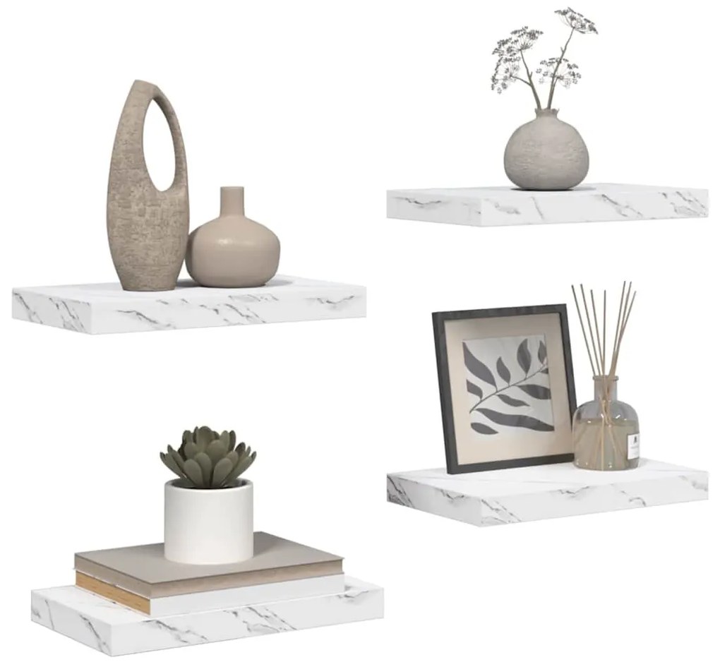 Falpolc tárolóval 4 pcs Fehér márvány 40 x 23,5 x 4 cm Faanyag