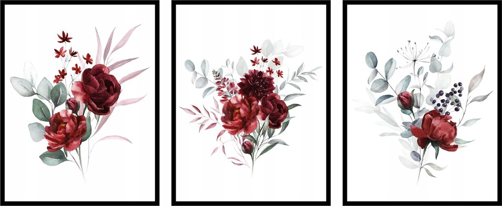 Rózsa virág csokor 3db 50x70cm poszter grafika botanika levelek természet