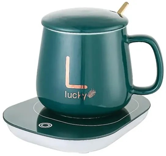 Kerámia bögre készlet elektromos melegítővel ajándékdobozban - Lucky - zöld