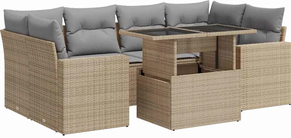 vidaXL 7 részes bézs polyrattan kerti ülőgarnitúra párnákkal