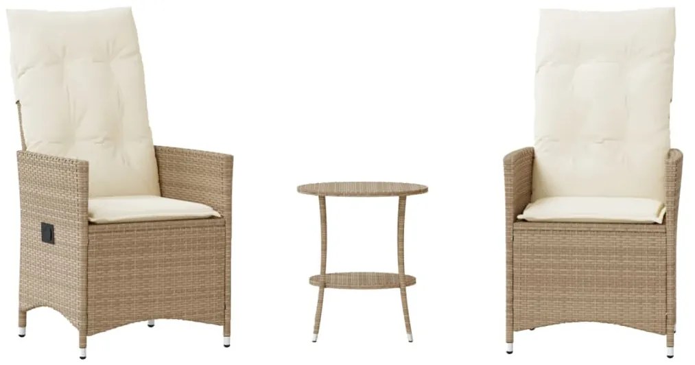 3 részes bézs polyrattan bisztrógarnitúra párnával