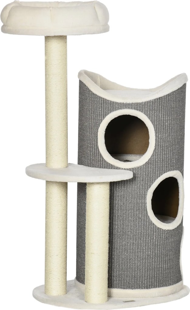 PawHut Macska Faház, 109 cm, Macska Faház Kaparó Hordóval, Mászófa, Macska Kaparó Oszlop Macska Ággyal, Macska Bútor Szizál Oszlopokkal, Fehér+Szürke
