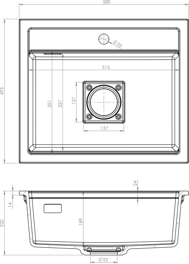 Gamma Quadro 5850, 1 rekeszes gránit mosogató 580x495x220 mm, fekete, GMA-ZLE000229