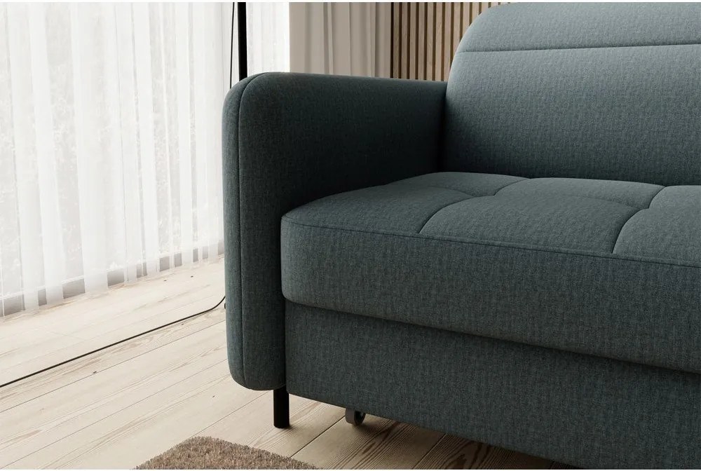 Szürkészöld bársony kinyitható-tárolóhelyes sarokkanapé (jobb oldali-heverő résszel) Gomsi – ELTAP