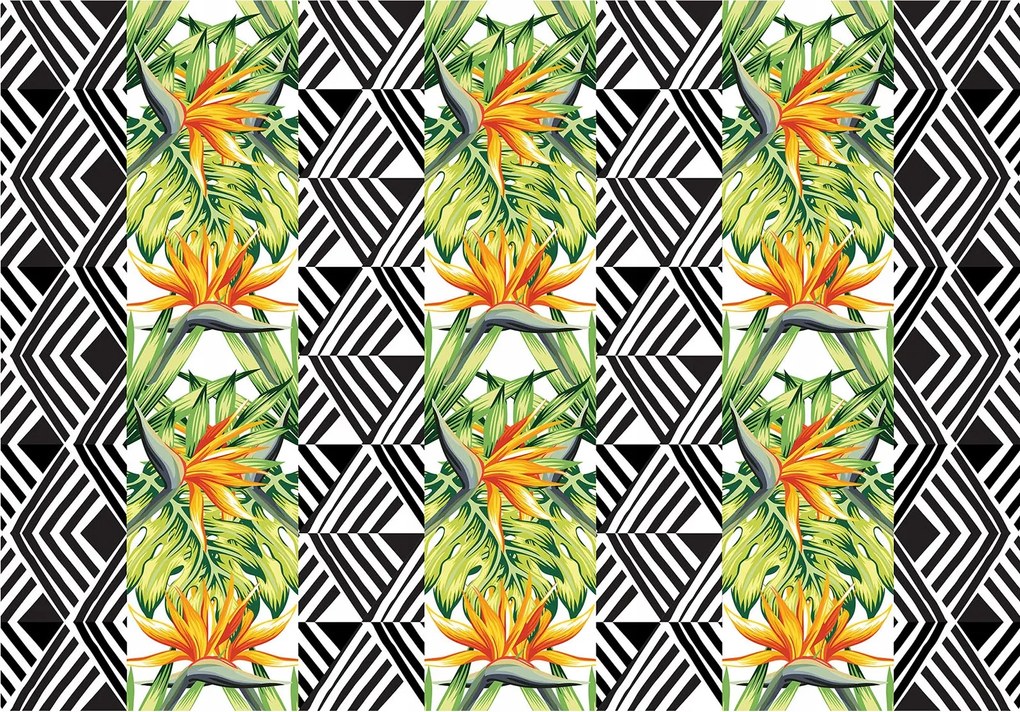 Fotótapéta Paradicsom madár virágok geometria egzotikus rombuszok 208x146 +ragasztó