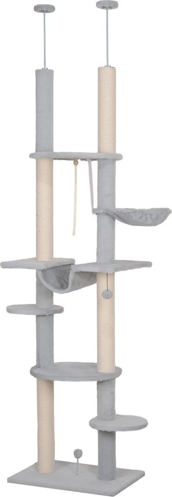 PawHut Padlótól a Mennyezetig Érő Macska Karfa 225-255 cm 7-Szintes Macska Kaparó Torony Hintaágyakkal, Platformokkal, Zsinórral és Labdával Szürke |