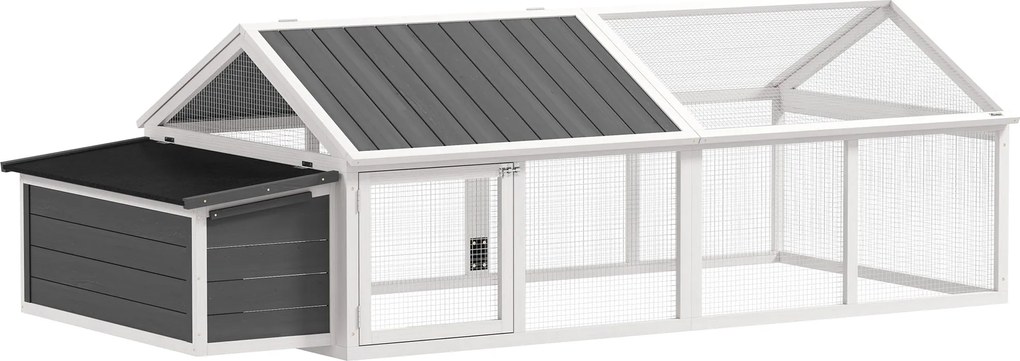 PawHut Kültéri Tyúkól 240x112,5x76 cm Fából Készült Tyúkól Felnyitható Tetővel Rácsos Ajtókkal és Fészekdobozzal Tyúkoknak, Nyulaknak, Kacsáknak Fehér