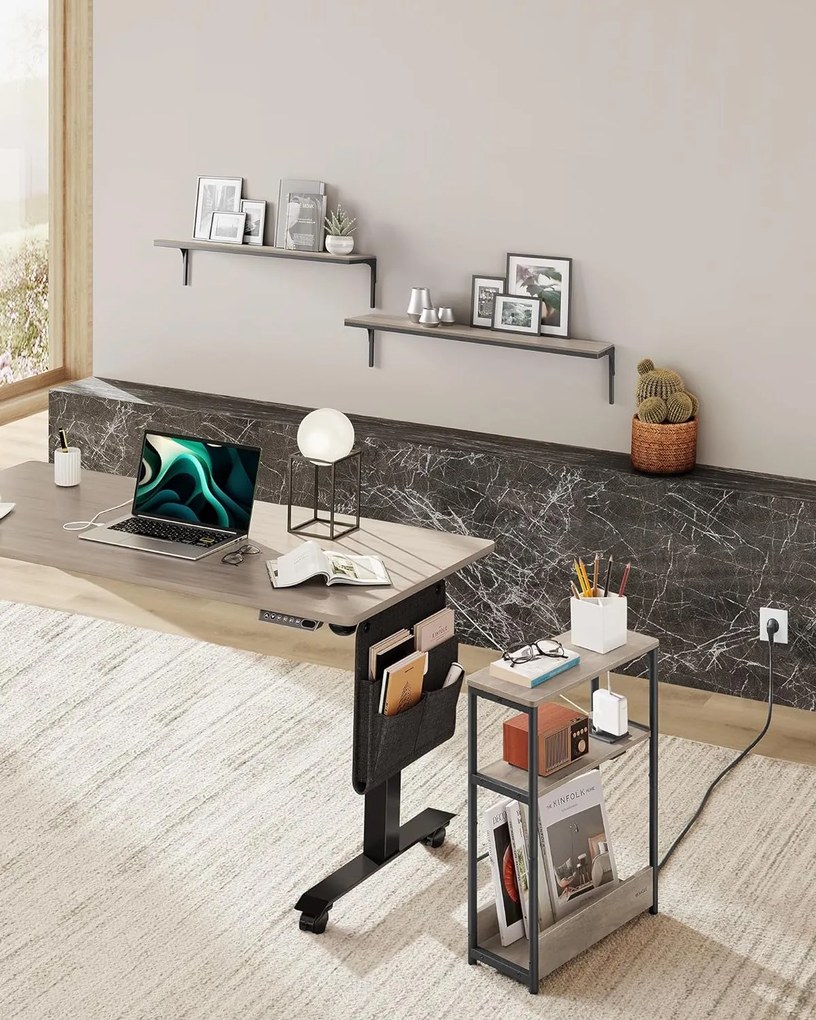 Keskeny oldal asztal töltő funkcióval 3 polcos, 18 x 45 x 58 cm Greige szürke fekete lábakkal