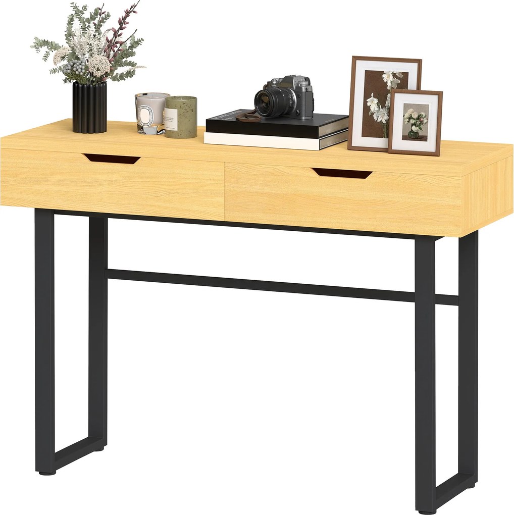 HOMCOM keskeny konzolasztal 2 fiókkal, ipari fémváz, natúr – 110 × 35 × 76,5 cm | Aosom