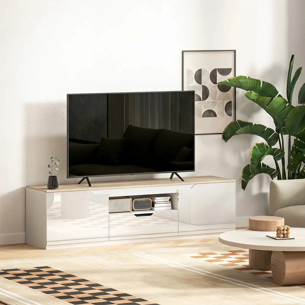 TV-szekrény, 160 x 38 x 43 cm akár 65"-os tévékhez, 3 rekesszel, fiókkal, natúr fa