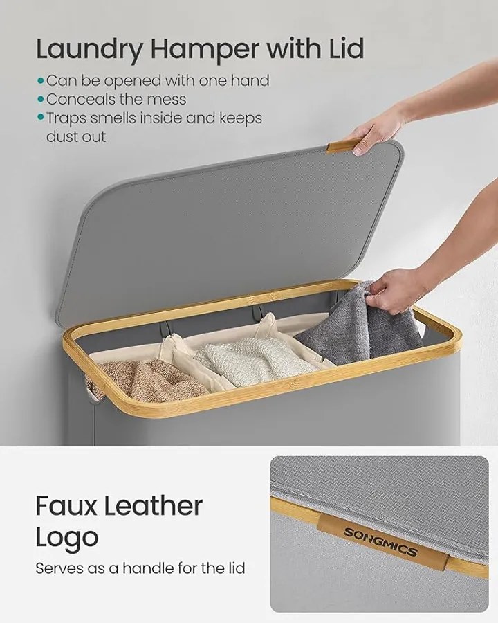 Szennyeskosár fedéllel, 3 rekeszes, 150 L, kivehető zsák, 60 x 38,5 x 70,5 cm, szürke