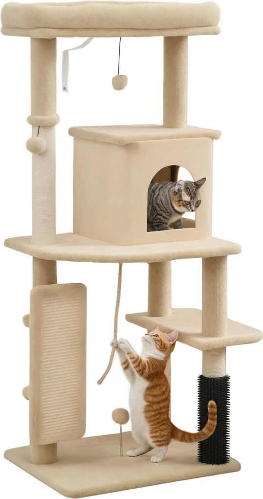PawHut Macska Kaparófája 132 cm Magasságú Macska Torony Platformokkal, Kefével és Lógó Golyókkal Bézs | Aosom