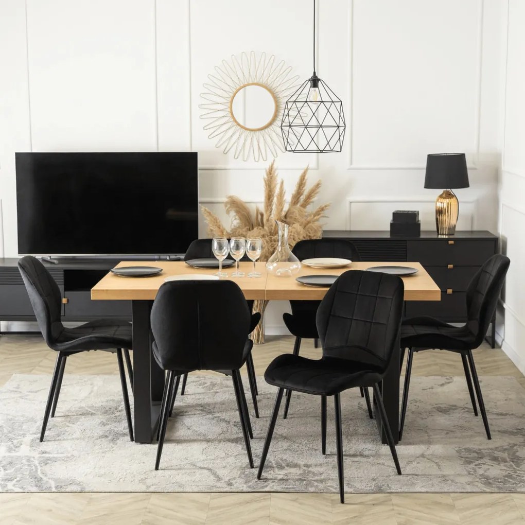 Étkezőgarnitúra 6 db. Fekete Bársony Irys székkel. Bővíthető asztal EDWIN 160-260 cm