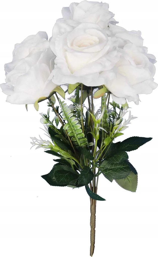 Műrózsa Váza Csokor 7 Rózsa Kiegészítőkkel 46CM Fehér Szín