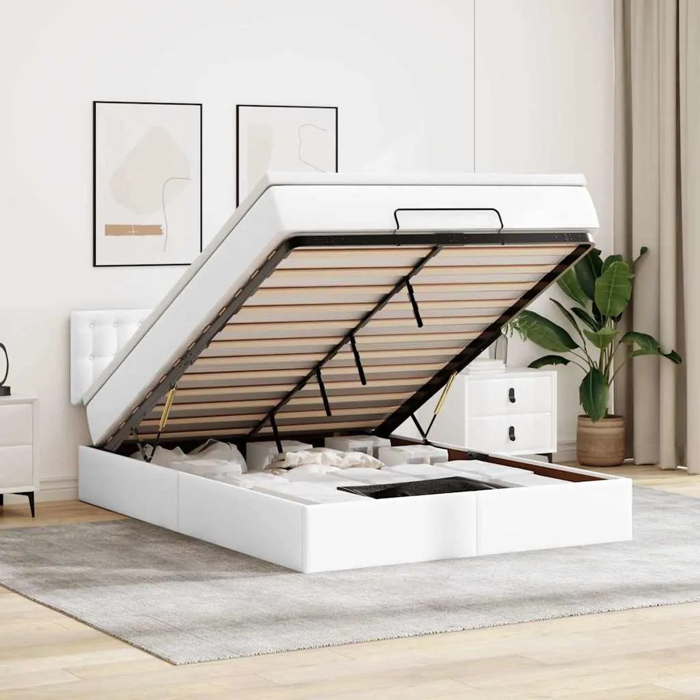 tiszta fehér műbőr ottomán ágy matracokkal & LED-ek 140x190cm