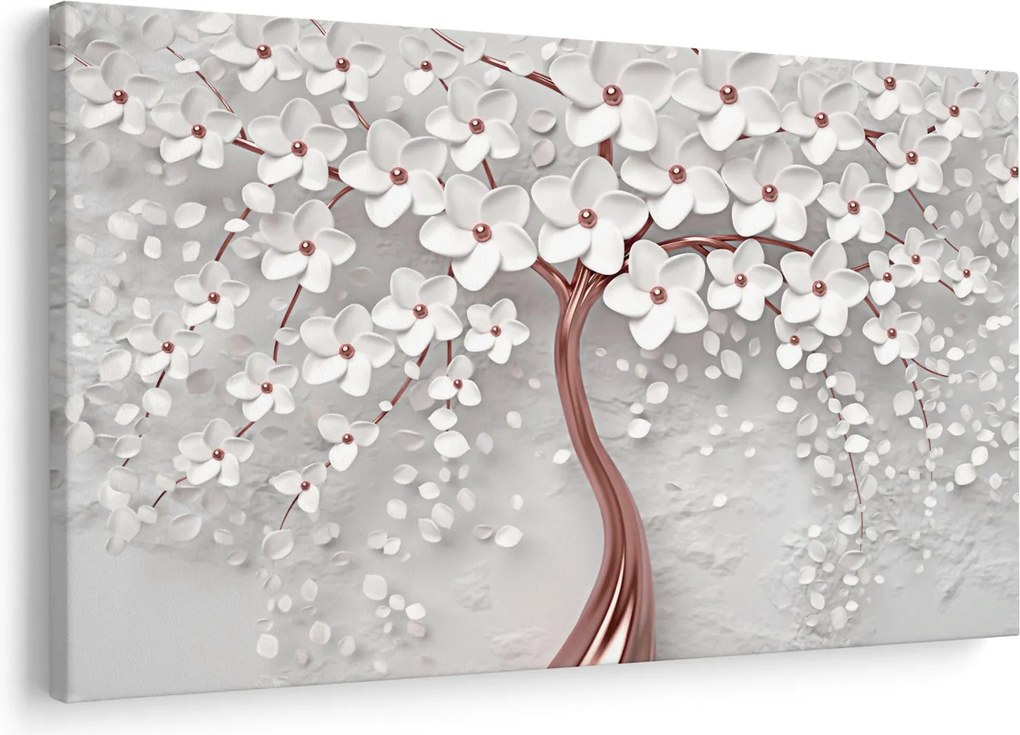 Kép - Egy fehér fa képe virágokkal, rózsaarany (90x60 cm)