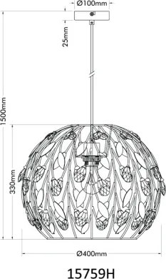 Globo 15759H Függőlámpa, fekete matt fém, aranyszínű fém, fekete patinázott, tiszta akril kristályok, fekete PVC kábel, ø: 400mm, M: 1500mm, 1x E27 40W 230V izzó nélkül