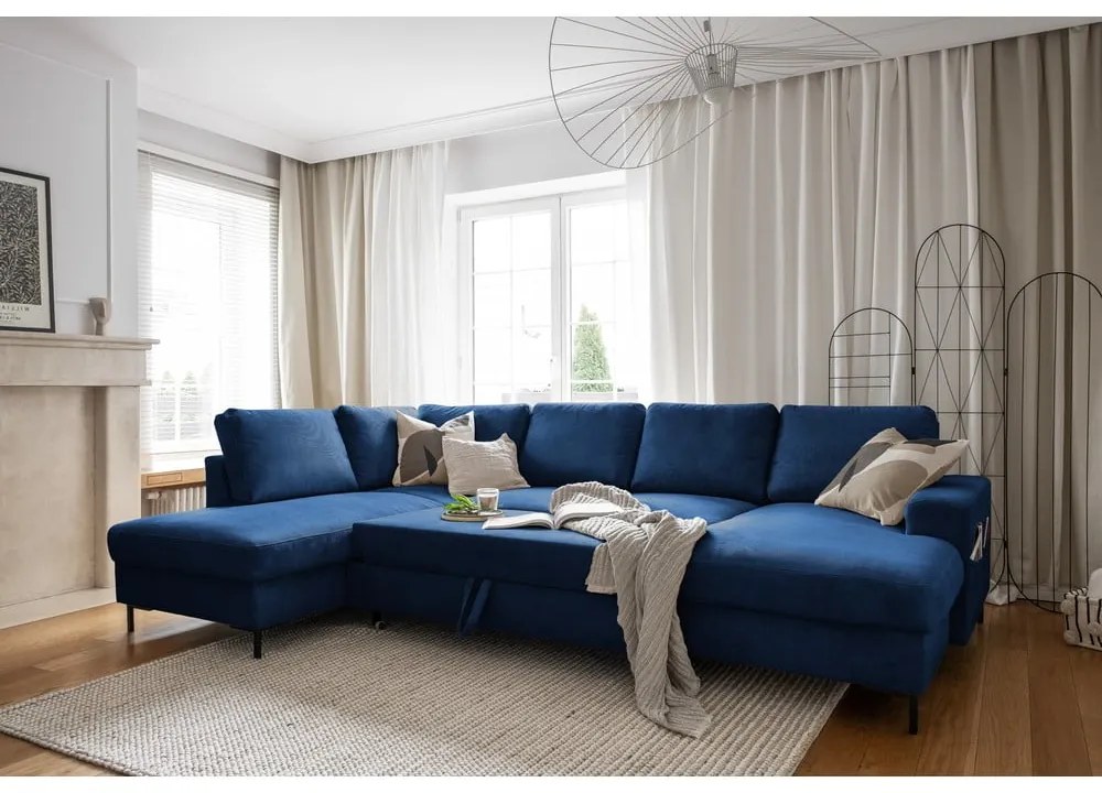 Sötétkék kordbársony kinyitható sarokkanapé (bal oldali) Lofty Lilly – Miuform